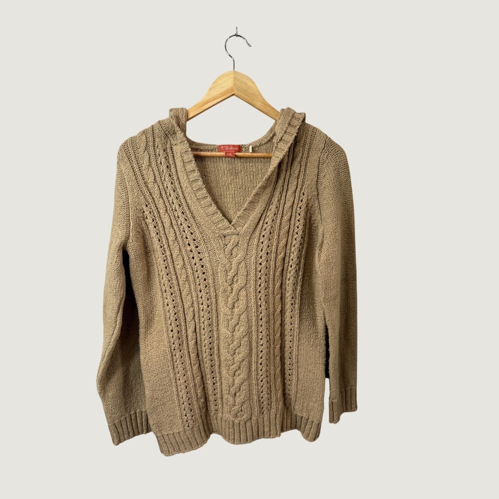 Tommy Bahama Relax Womens Tan Cable Knit Hooded Sweater Coastal Boho Large